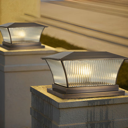 Solar Waterproof Copper Square Tower Striped Glass LED Outdoor Post Lights - Flyachilles