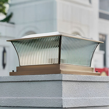 Solar Waterproof Copper Square Tower Striped Glass LED Outdoor Post Lights - Flyachilles