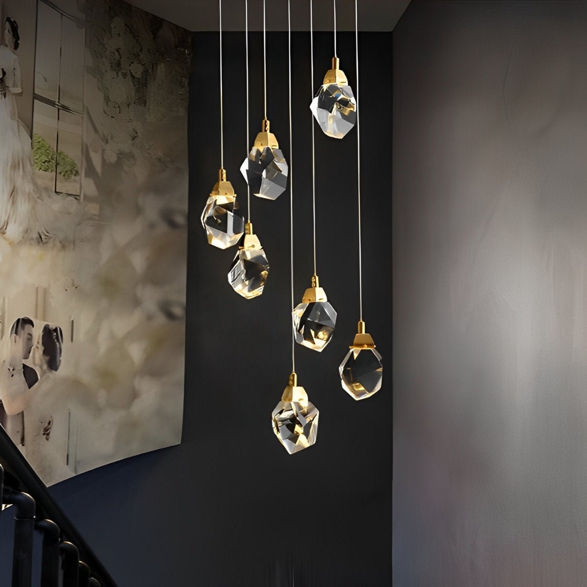 Spiral Crystal Droplets Metal Modern Duplex Staircase Pendant Chandelier - Flyachilles