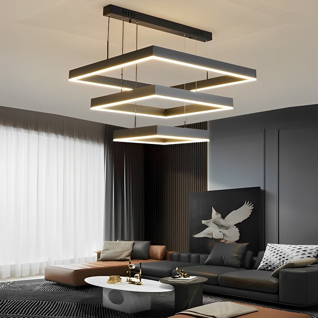 Square Minimalist Dimmable LED Black Modern Chandelier with Remote Control - Flyachilles