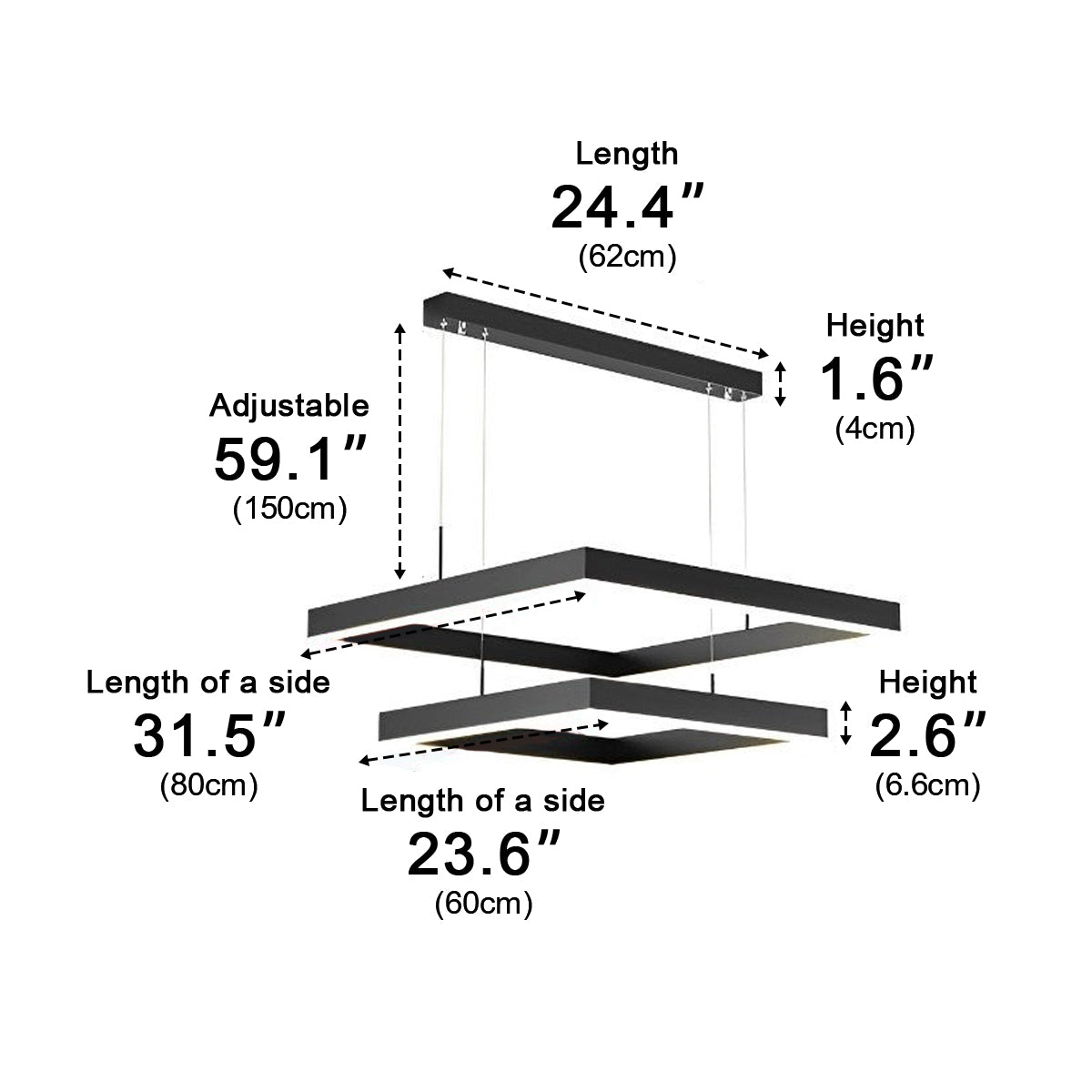 Square Minimalist Dimmable LED Black Modern Chandelier with Remote Control - Flyachilles