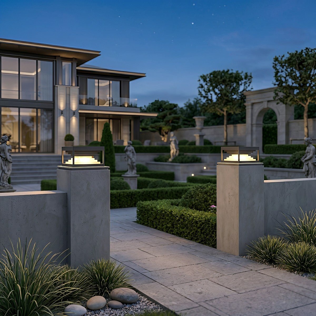 Square Modern Stepped Geometry Outdoor Post Lights - Flyachilles