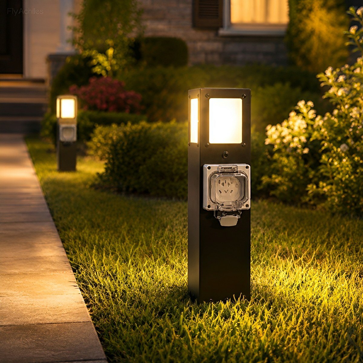 Steel Waterproof Outdoor Pathway Light with GFCI-Protected Outlet - Flyachilles