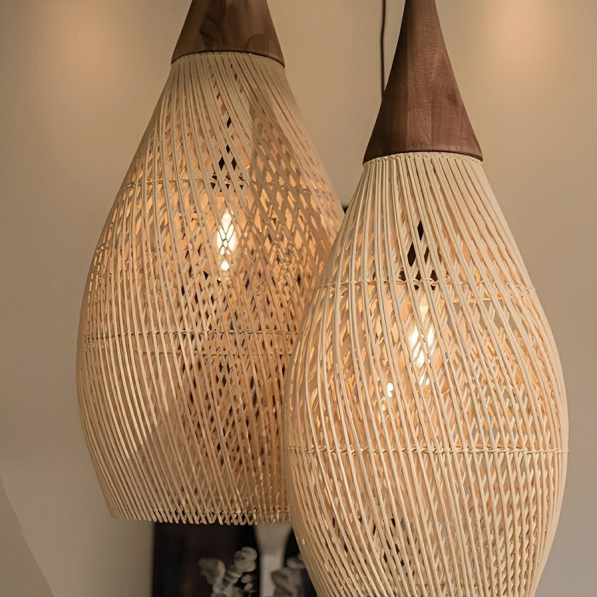 Teardrop - shaped Handmade Rattan Pendant Light – Boho Woven Hanging Lamp - Flyachilles