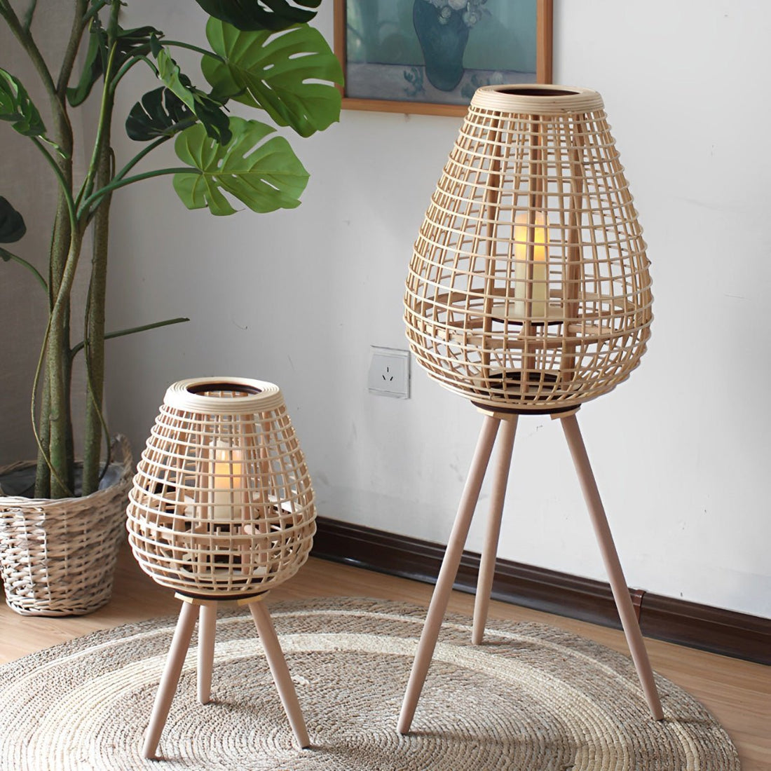Vintage Handmade Rattan LED Candle Lantern Floor Lamp - Flyachilles
