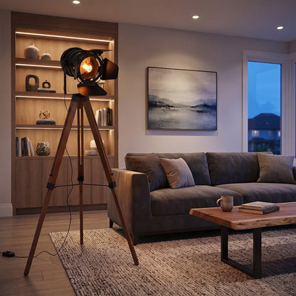 Vintage Industrial Tripod Wood LED Floor Lamp - Flyachilles
