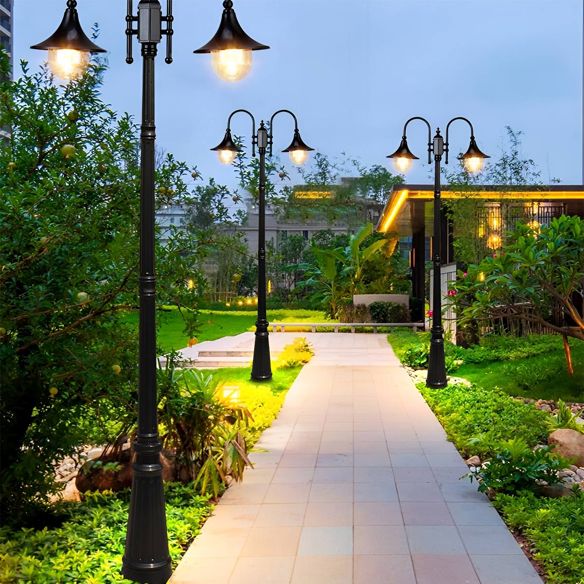 Vintage Waterproof Flared LED Outdoor Pathway Pole Lights - Flyachilles