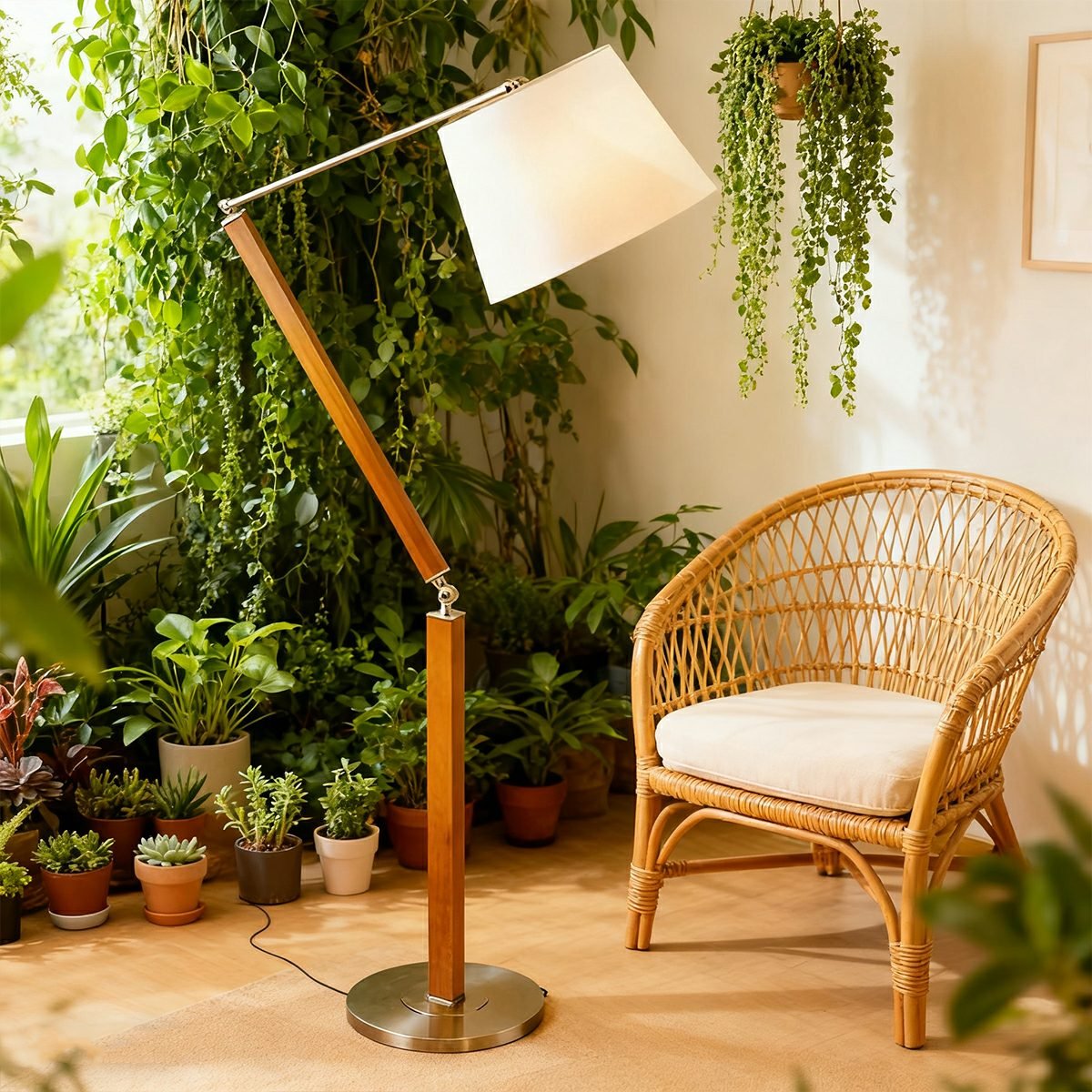 Vintage Wooden Swing Arm Floor Lamp with White Fabric Shade