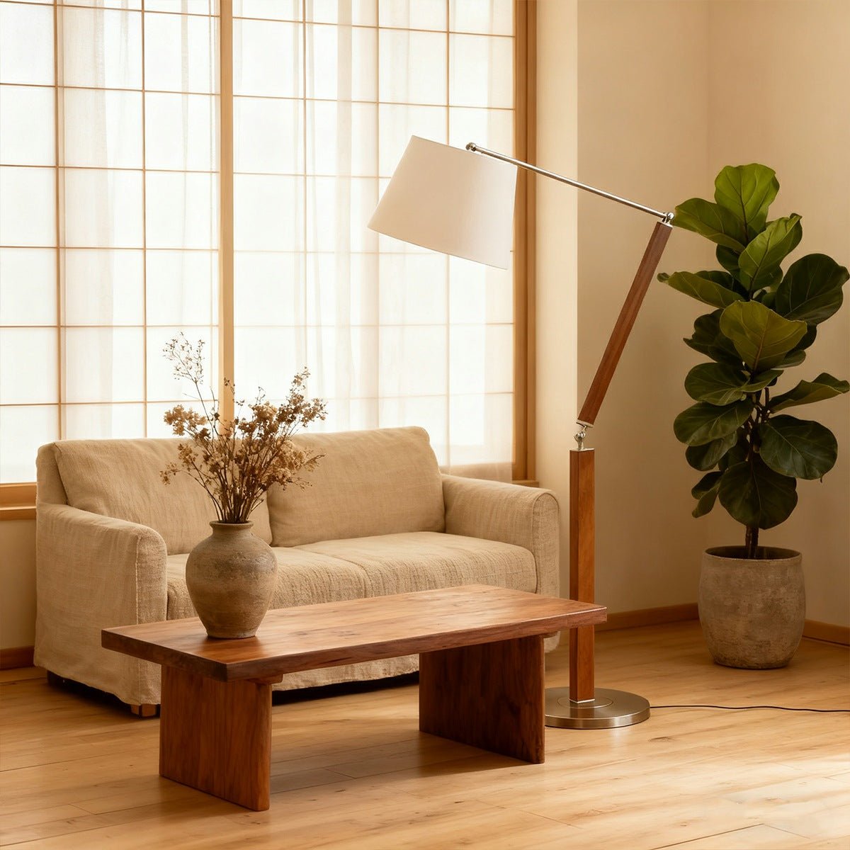 Vintage Wooden Swing Arm Floor Lamp with White Fabric Shade