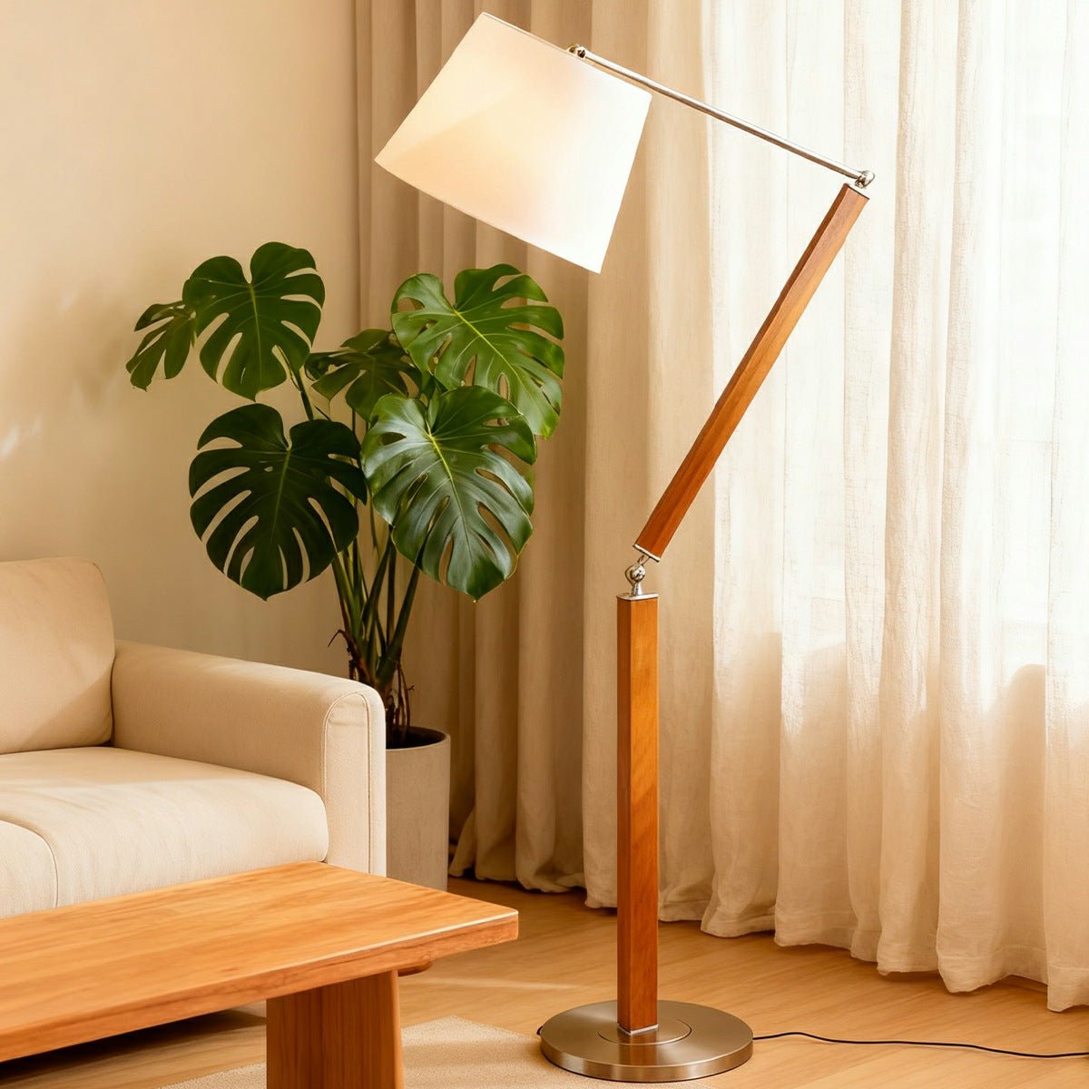 Vintage Wooden Swing Arm Floor Lamp with White Fabric Shade