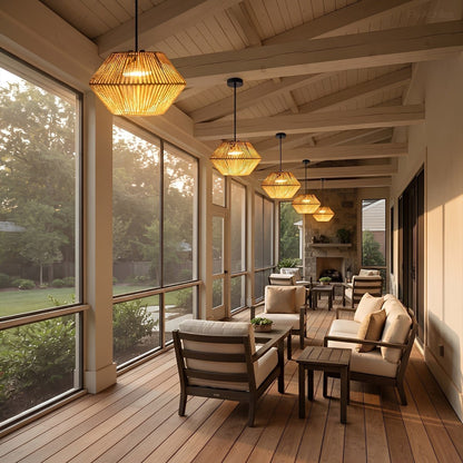 Waterproof Coastal Geometric Rattan LED Outdoor Pendant Light - Flyachilles