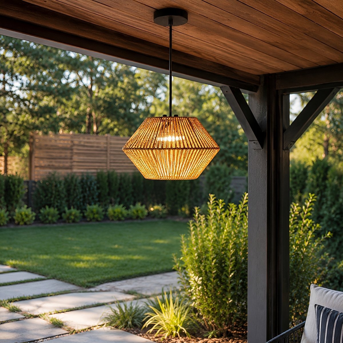 Waterproof Coastal Geometric Rattan LED Outdoor Pendant Light - Flyachilles