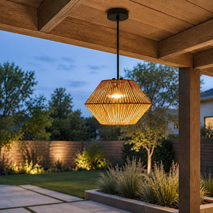 Waterproof Coastal Geometric Rattan LED Outdoor Pendant Light - Flyachilles