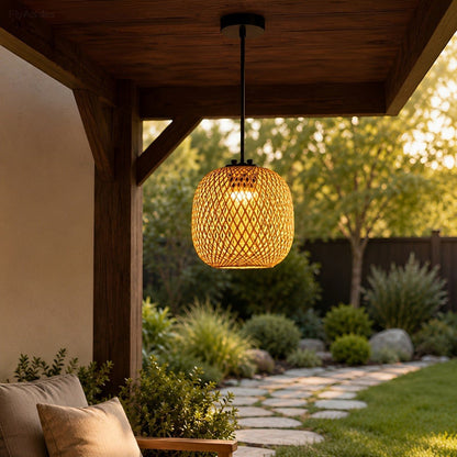Waterproof Coastal Oval Wood Rattan LED Outdoor Pendant Light - Flyachilles