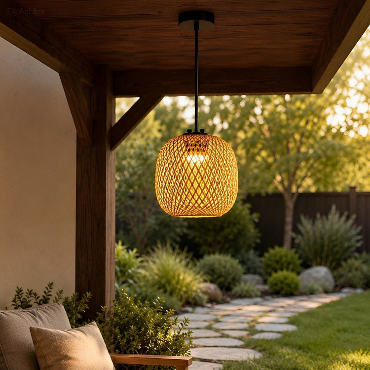 Waterproof Coastal Oval Wood Rattan LED Outdoor Pendant Light - Flyachilles