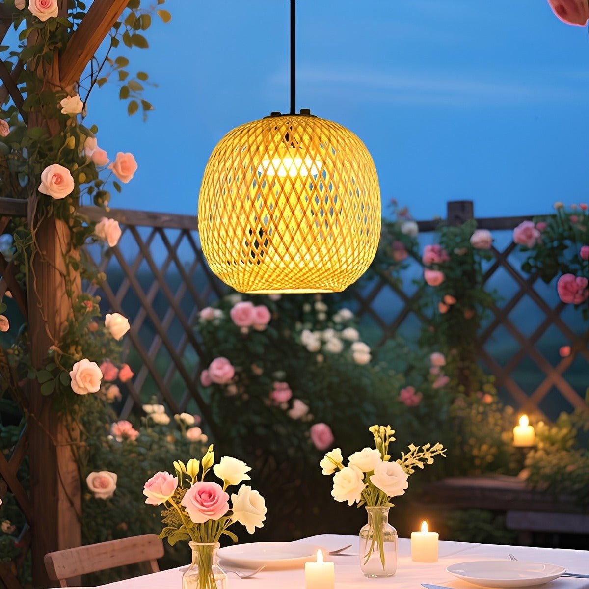 Waterproof Coastal Oval Wood Rattan LED Outdoor Pendant Light - Flyachilles