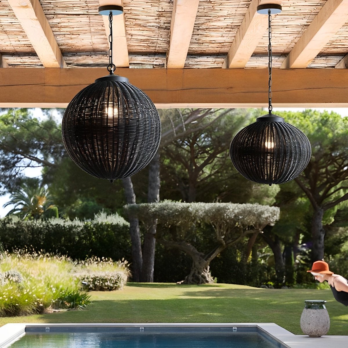 Waterproof Retro Round Oval Black Rattan Outdoor Pendant Lights Outdoor ...