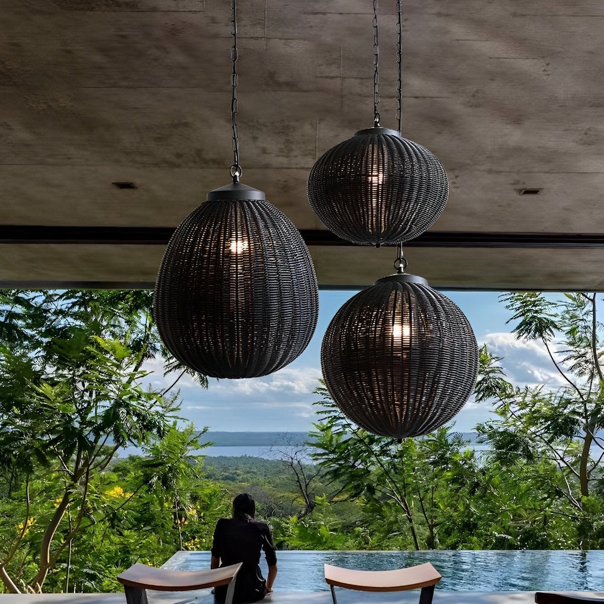 Bonatical Rattan Lighting Waterproof Retro Round Oval Black Rattan Outdoor Pendant Lights Outdoor ...