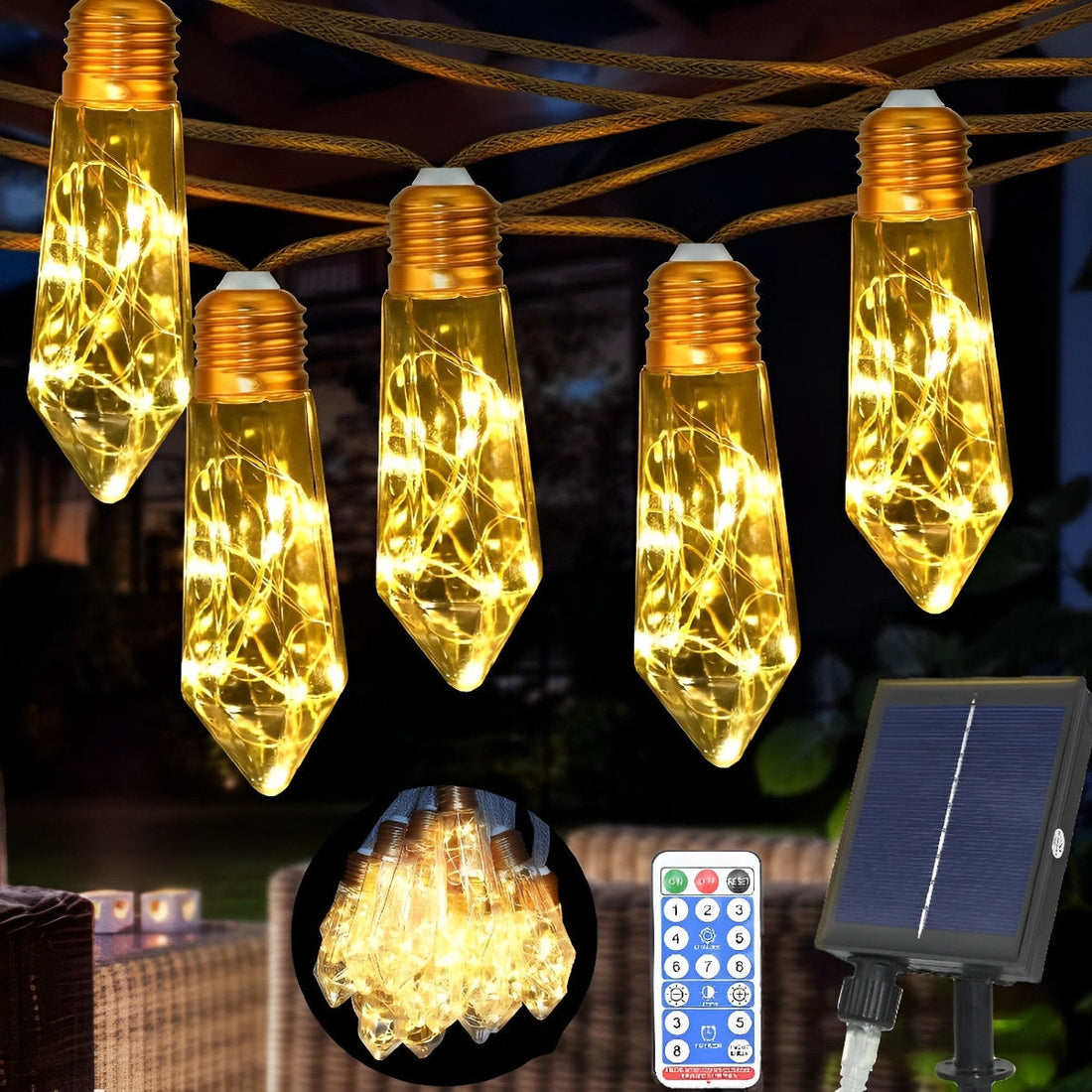 Waterproof Solar 31ft 20 LED Hemp Rope String Lights with Remote - Flyachilles