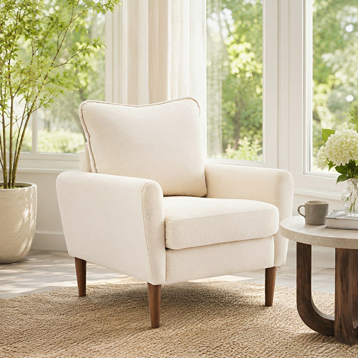 Wide Reading Chair – Cushioned Seat, Wood Legs, Modern - Flyachilles