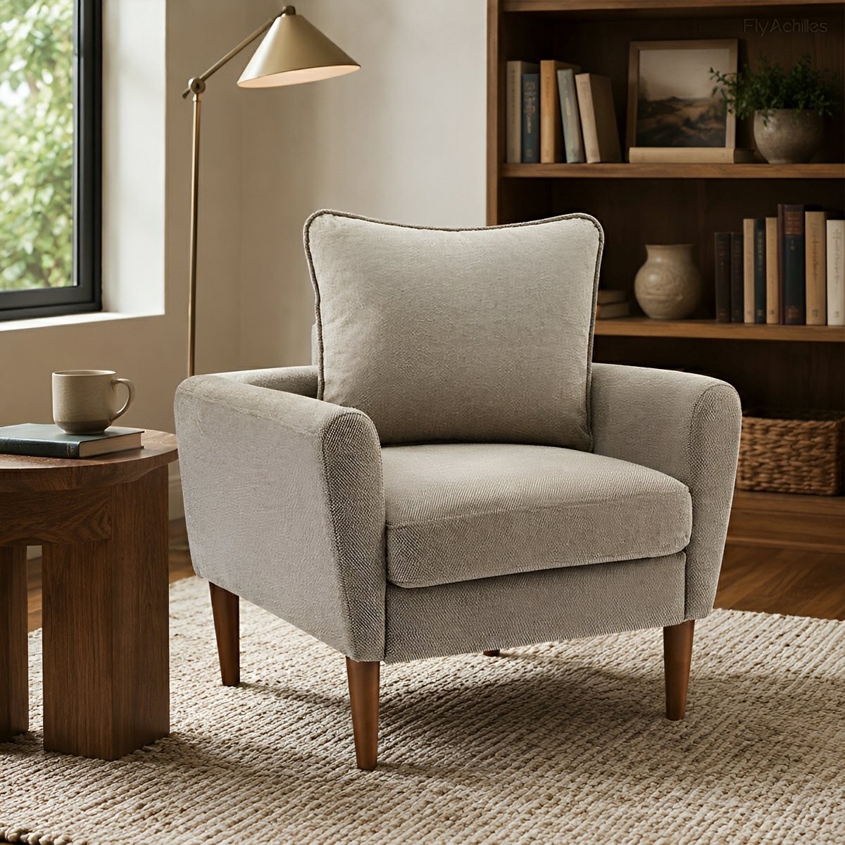 Wide Reading Chair – Cushioned Seat, Wood Legs, Modern - Flyachilles