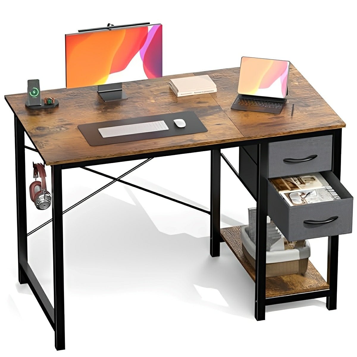 Wooden Writing Desk with Drawer &amp; Hook for Home Office - Flyachilles