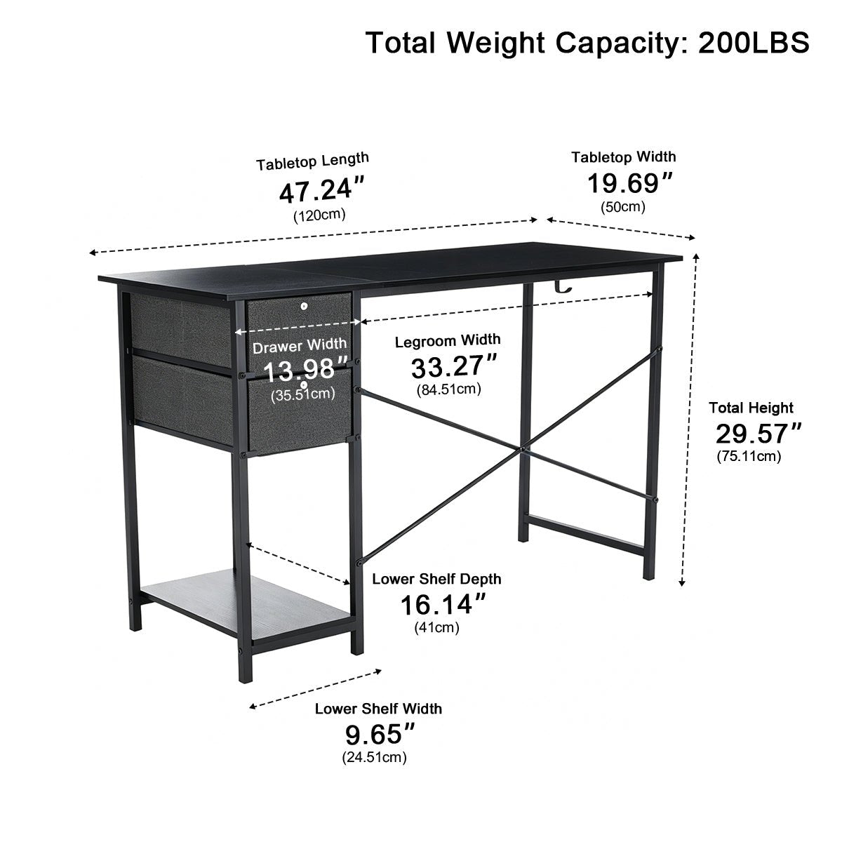 Wooden Writing Desk with Drawer &amp; Hook for Home Office - Flyachilles