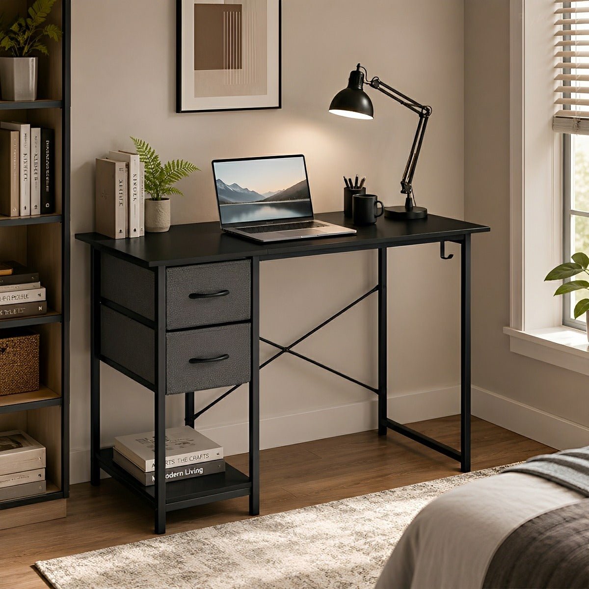 Wooden Writing Desk with Drawer &amp; Hook for Home Office - Flyachilles