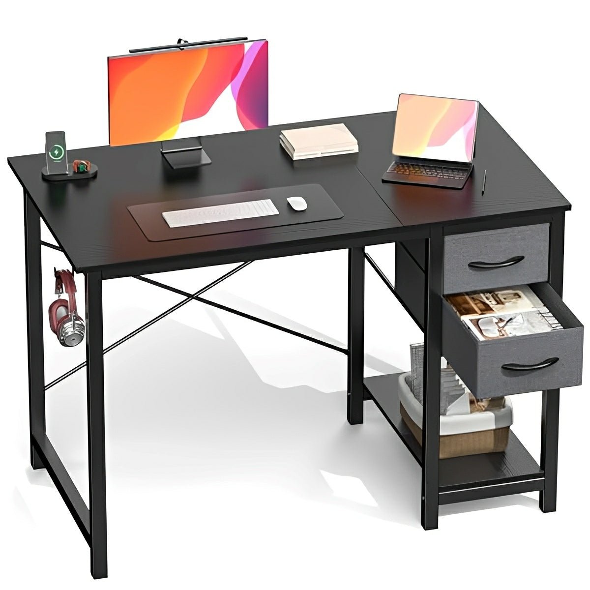 Wooden Writing Desk with Drawer &amp; Hook for Home Office - Flyachilles